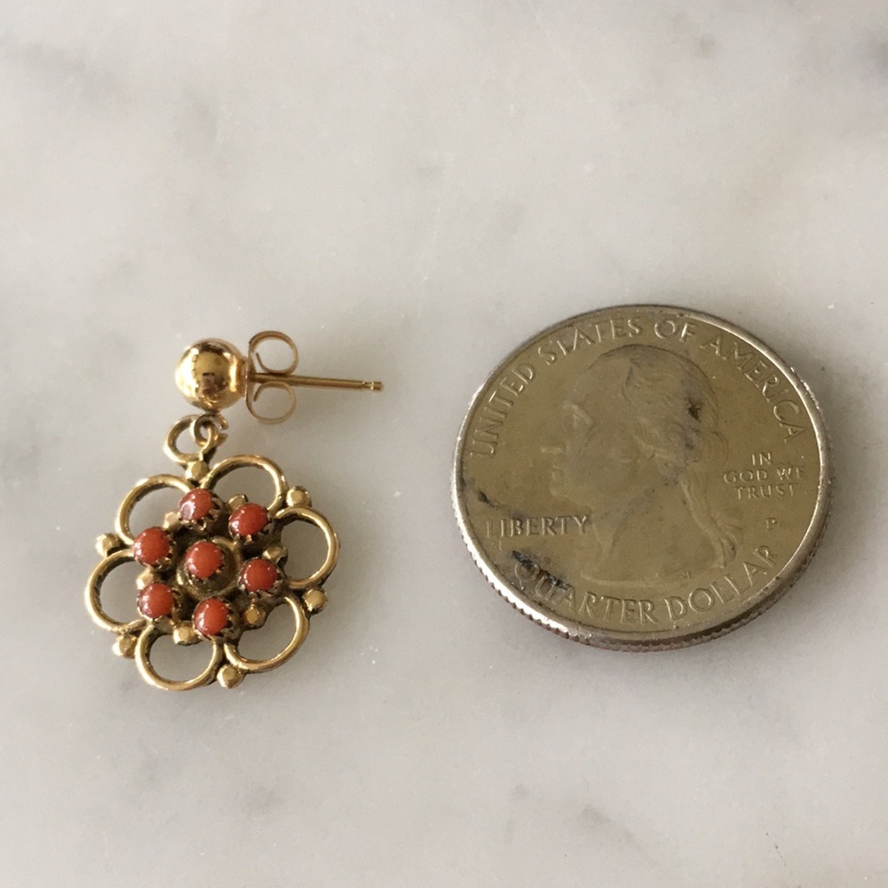 Vintage Zuni Native American Handcrafted 14K Red Coral Earrings - Picture 5 of 15